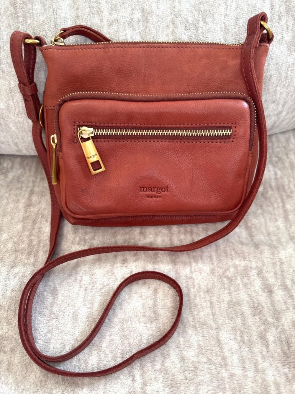 Margot New York Genuine Leather Crossbody Bag Red Brown Gold Tone Hardware